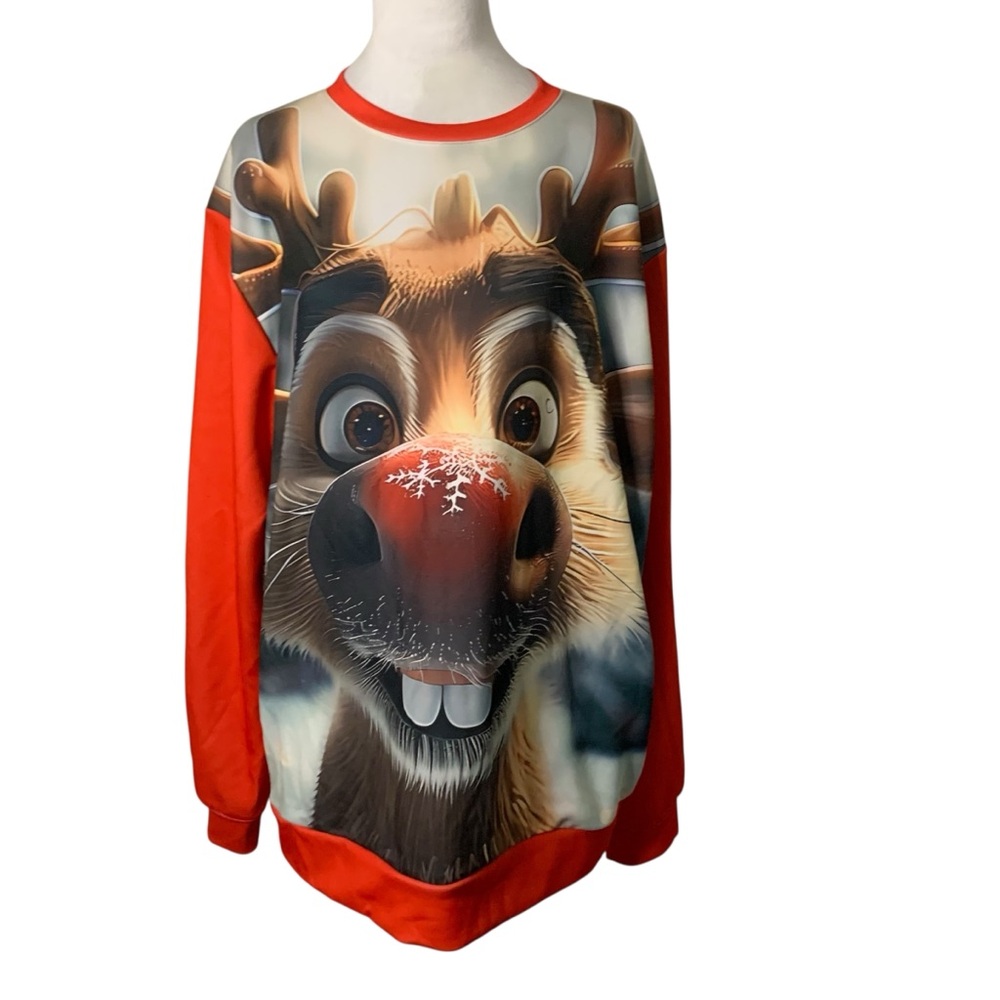 NWT Ouku Men’s Large Red Reindeer Long Sleeve Holiday Ugly Christmas Shirt